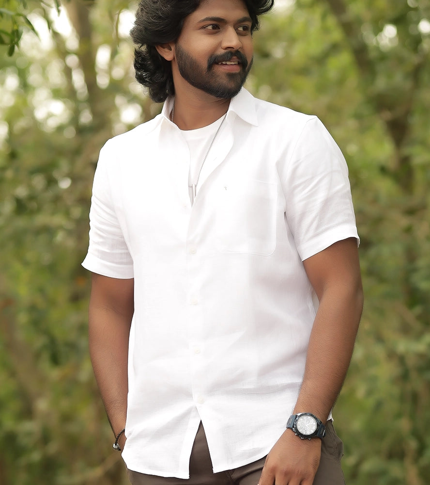 Men’s 100% European Linen White Short Sleeve Shirt