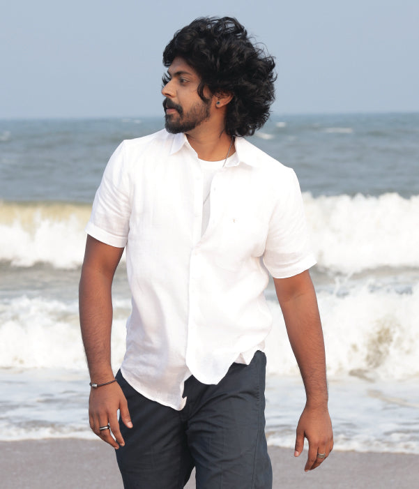 Men’s Half Sleeve White European Linen Shirt — 100% Pure Linen