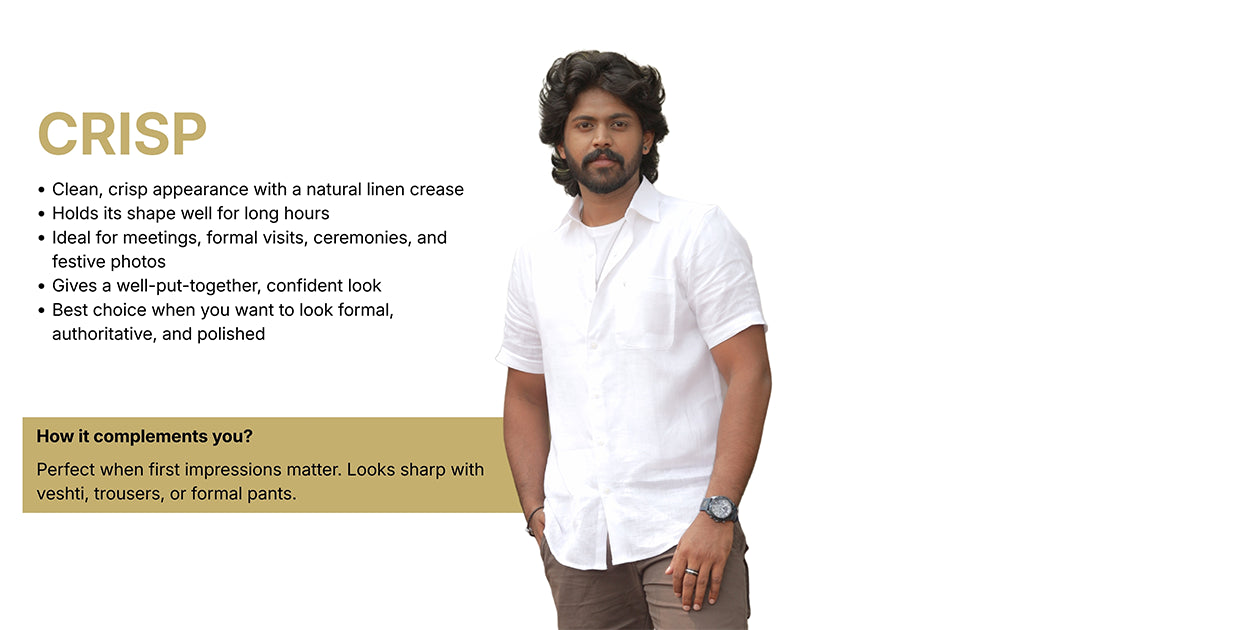 crisp Mens linen shirts half sleeve feature